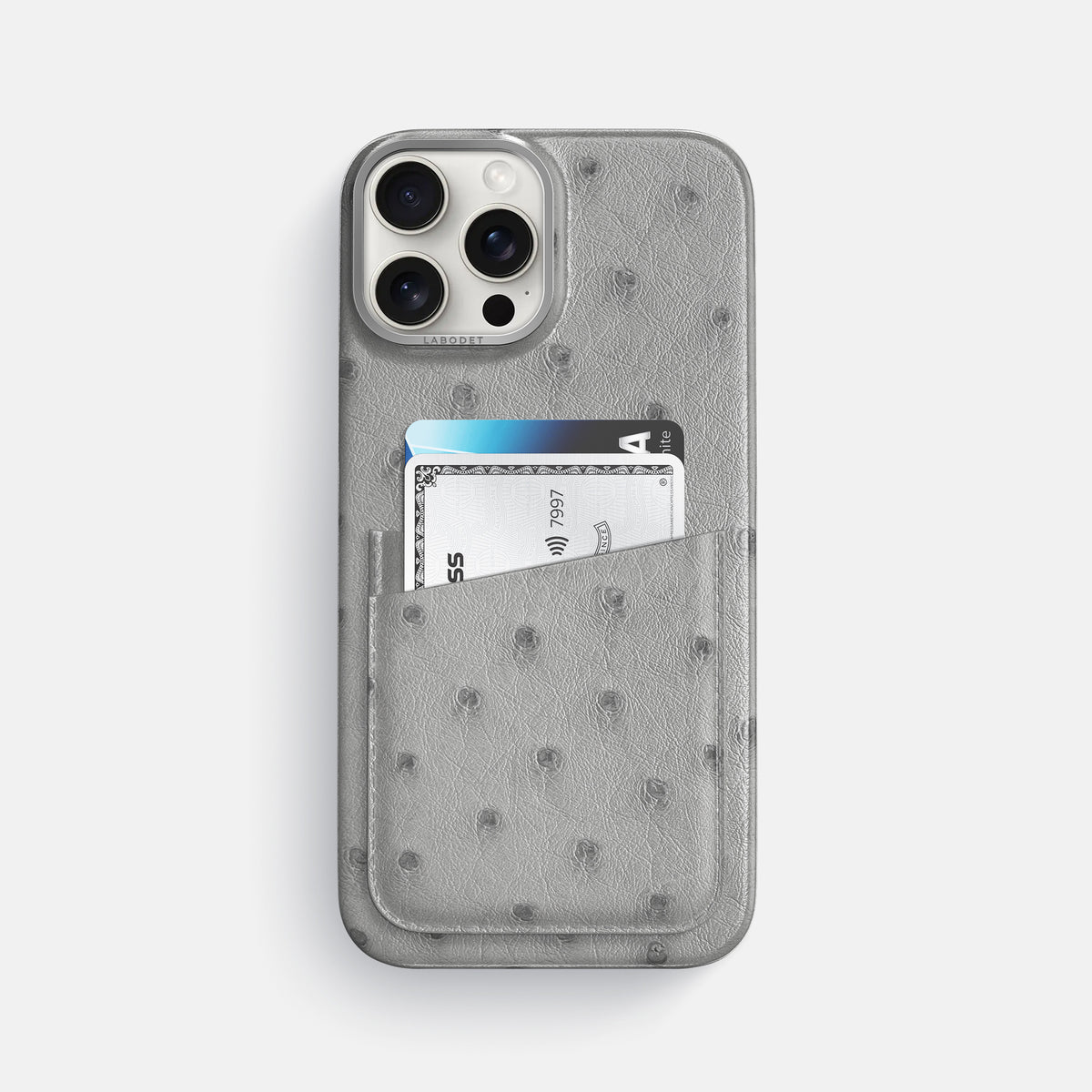 Silver iPhone 16 Pro Max Card Case Ostrich with Steel Metal -1 | Silver-Steel