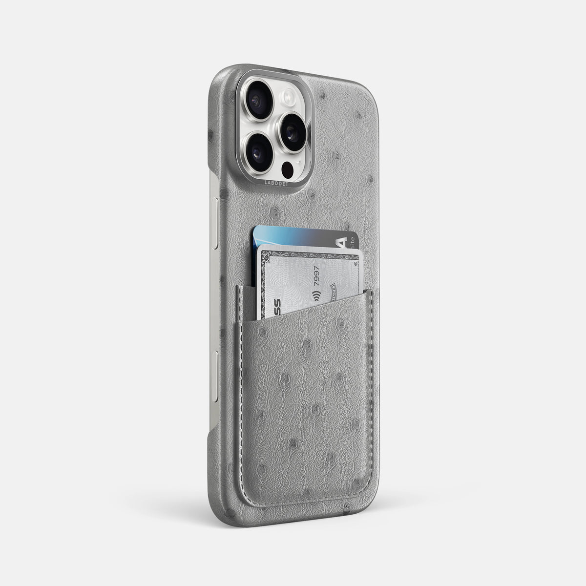 Silver iPhone 16 Pro Max Card Case Ostrich with Steel Metal -2 | Silver-Steel