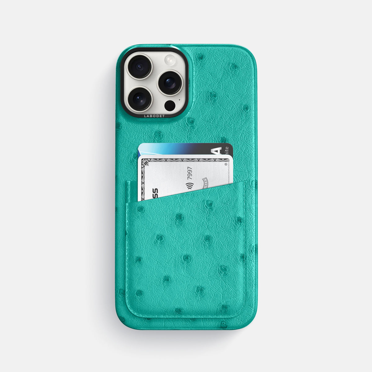 Turquoise iPhone 16 Pro Max Card Case Ostrich with Black Metal -1 | Turquoise-Black