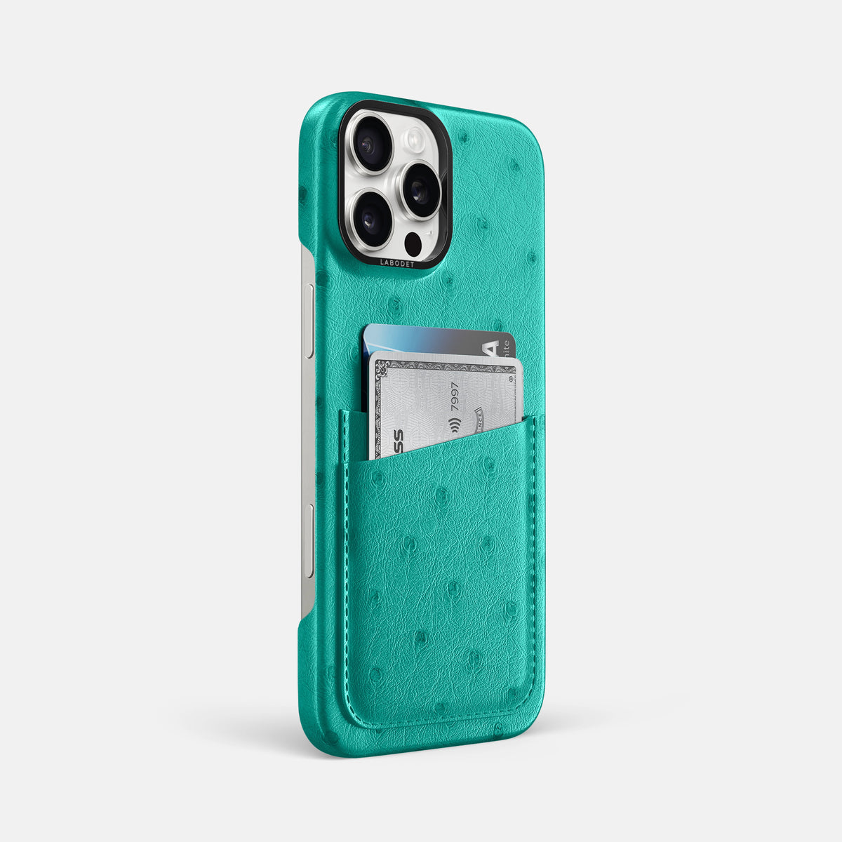 Turquoise iPhone 16 Pro Max Card Case Ostrich with Black Metal -2 | Turquoise-Black