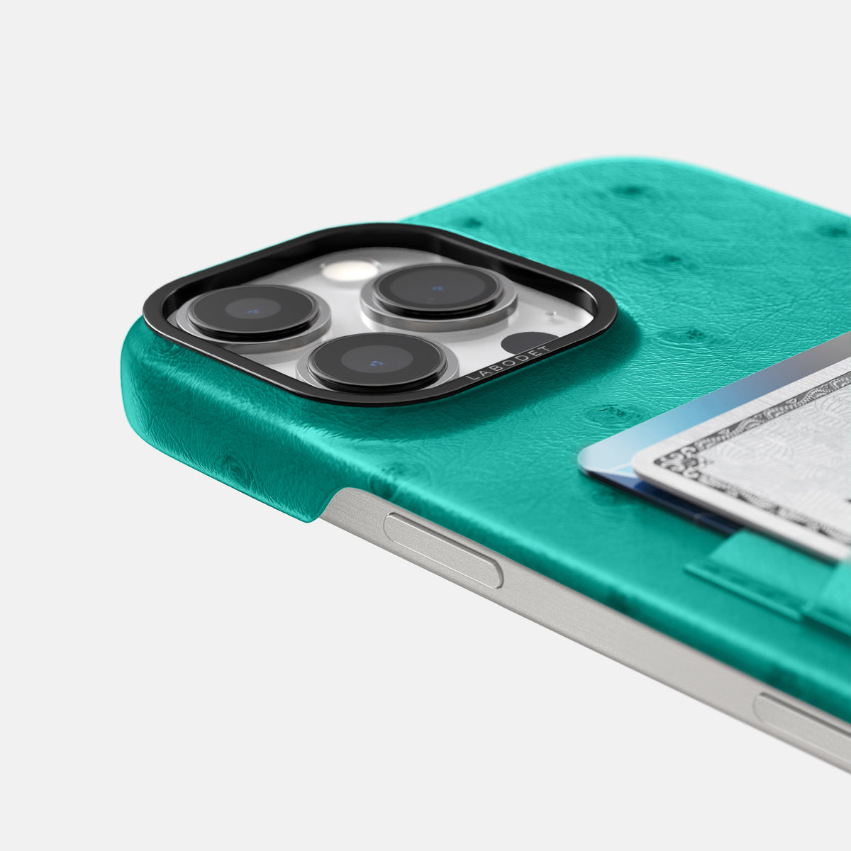 Turquoise iPhone 16 Pro Max Card Case Ostrich with Black Metal -5 | Turquoise-Black