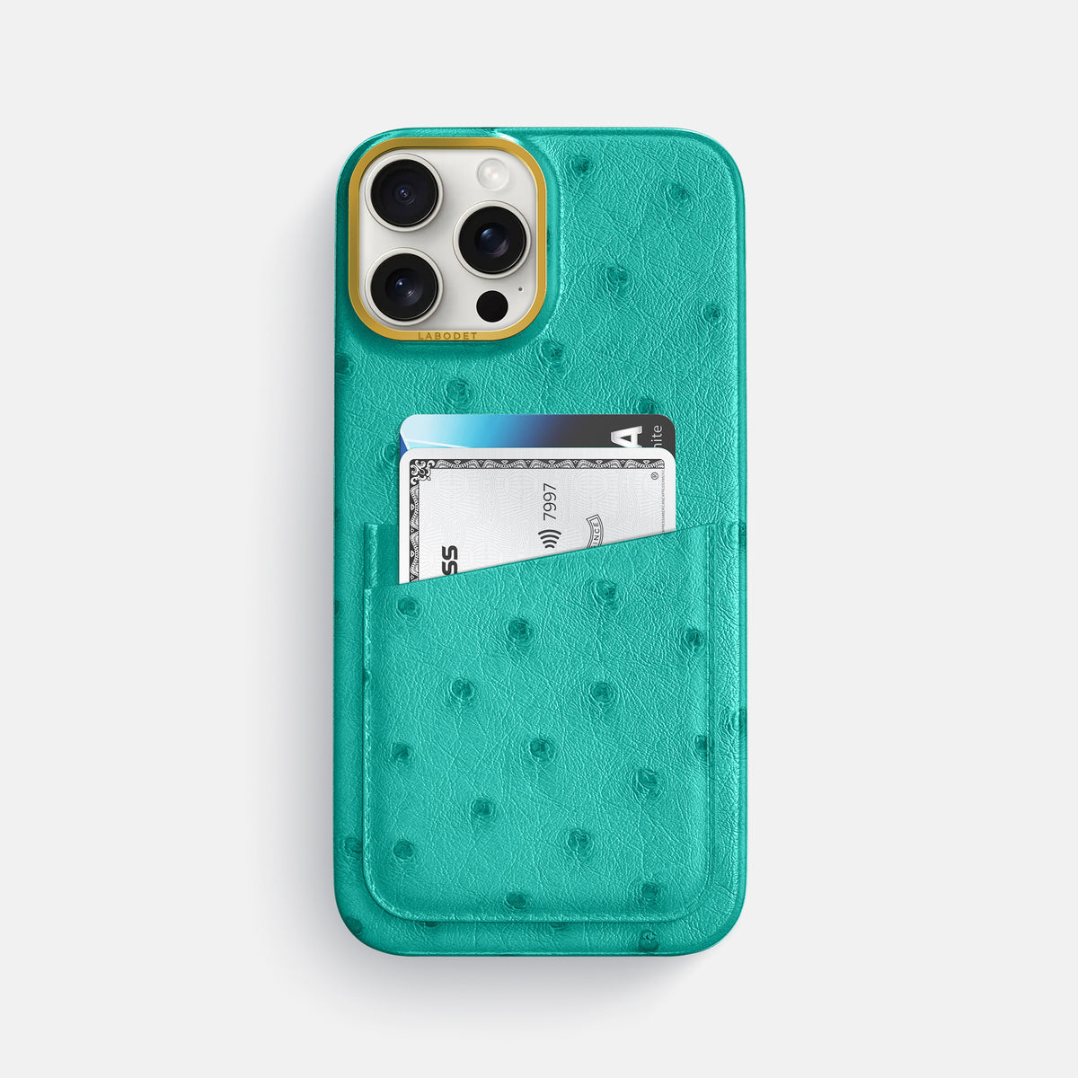 Turquoise iPhone 16 Pro Max Card Case Ostrich with Gold Metal -1 | Turquoise-Gold