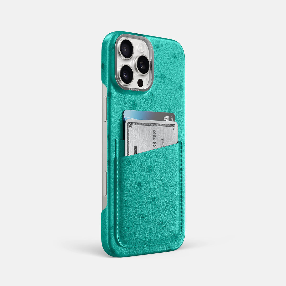 Turquoise iPhone 16 Pro Max Card Case Ostrich with Steel Metal -2 | Turquoise-Steel