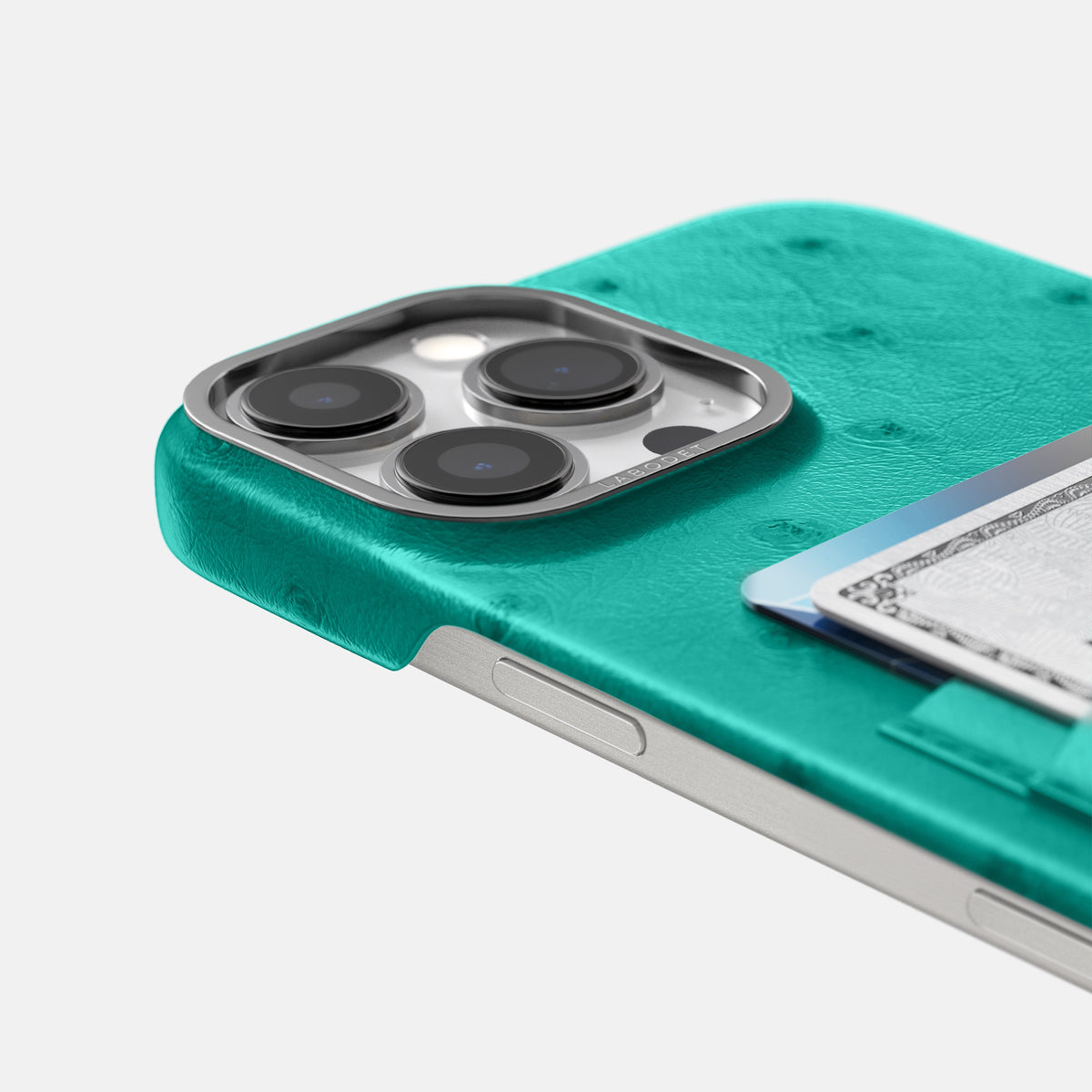 Turquoise iPhone 16 Pro Max Card Case Ostrich with Steel Metal -5 | Turquoise-Steel