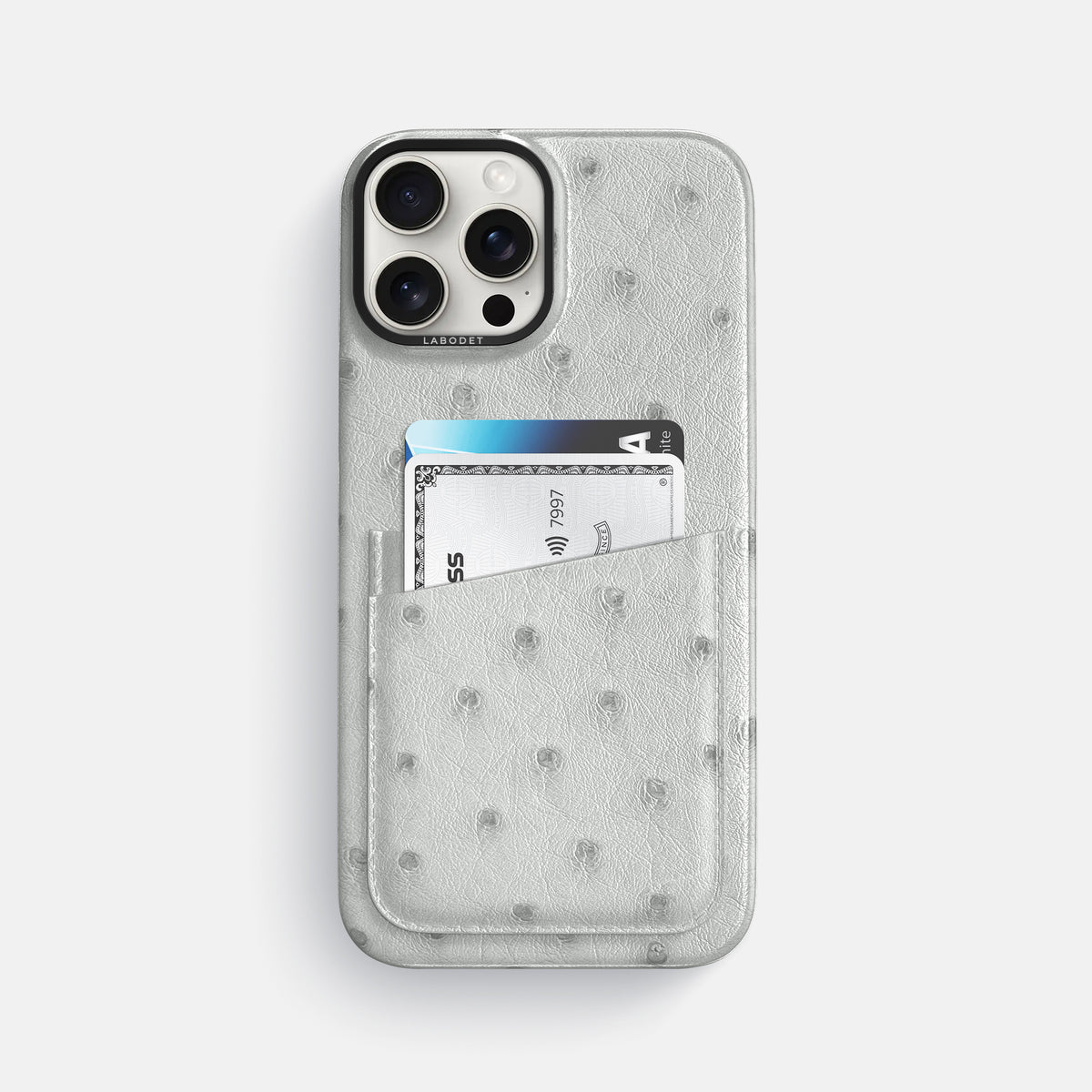 White iPhone 16 Pro Max Card Case Ostrich with Black Metal -1 | White-Black