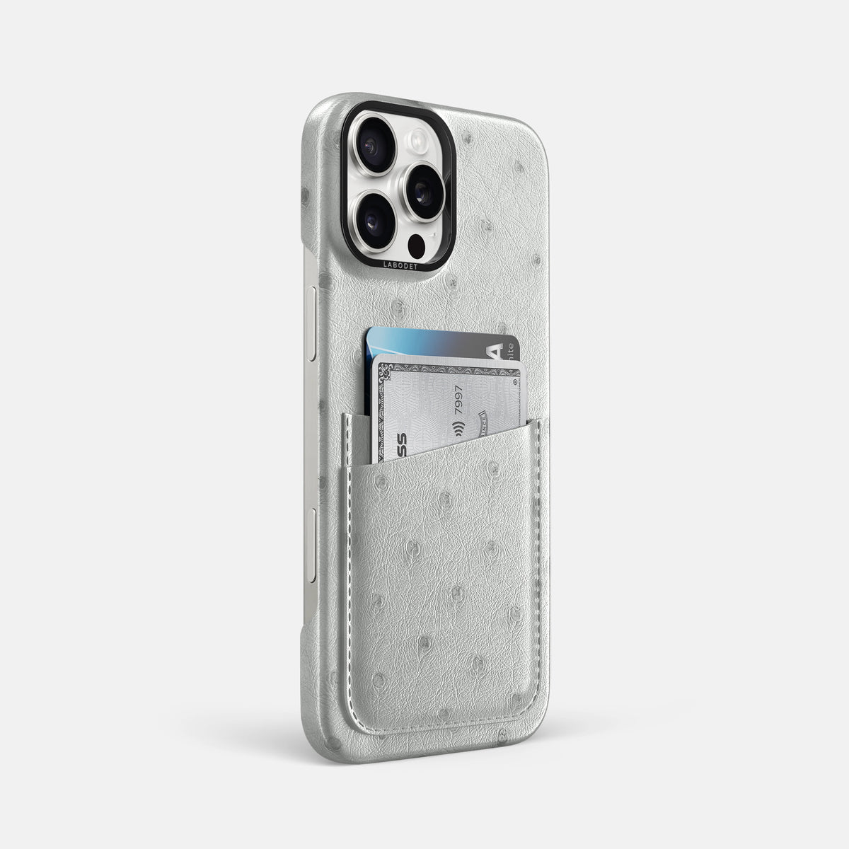 White iPhone 16 Pro Max Card Case Ostrich with Black Metal -2 | White-Black