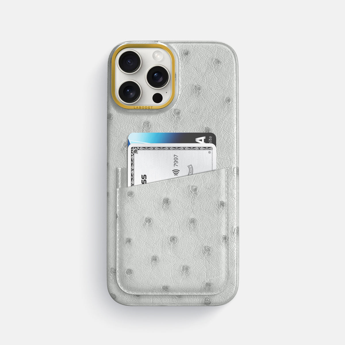 White iPhone 16 Pro Max Card Case Ostrich with Gold Metal -1 | White-Gold