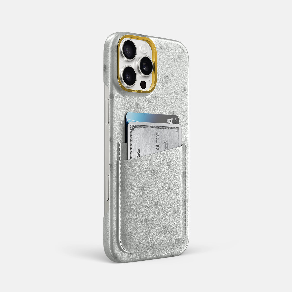White iPhone 16 Pro Max Card Case Ostrich with Gold Metal -2 | White-Gold