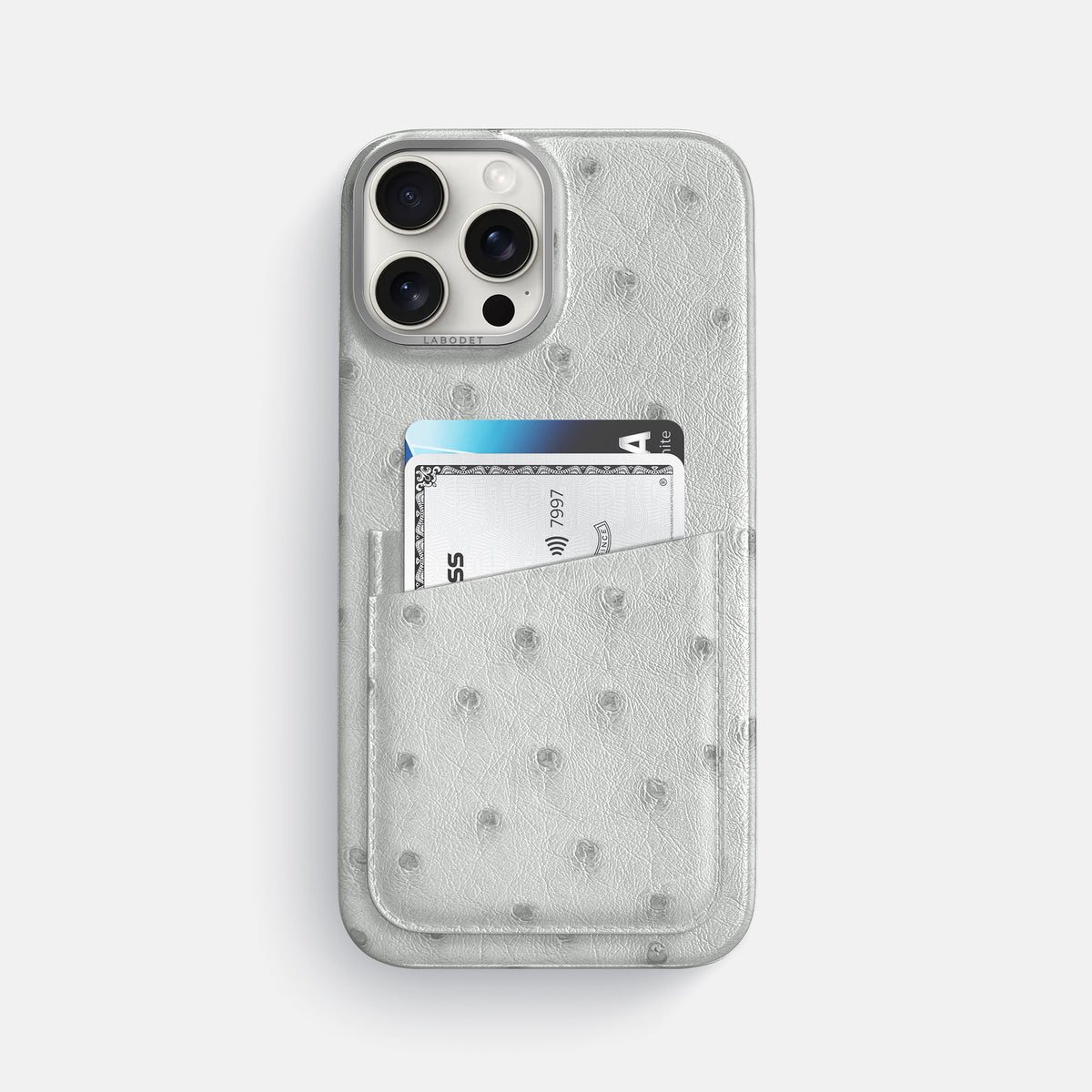 White iPhone 16 Pro Max Card Case Ostrich with Steel Metal -1 | White-Steel