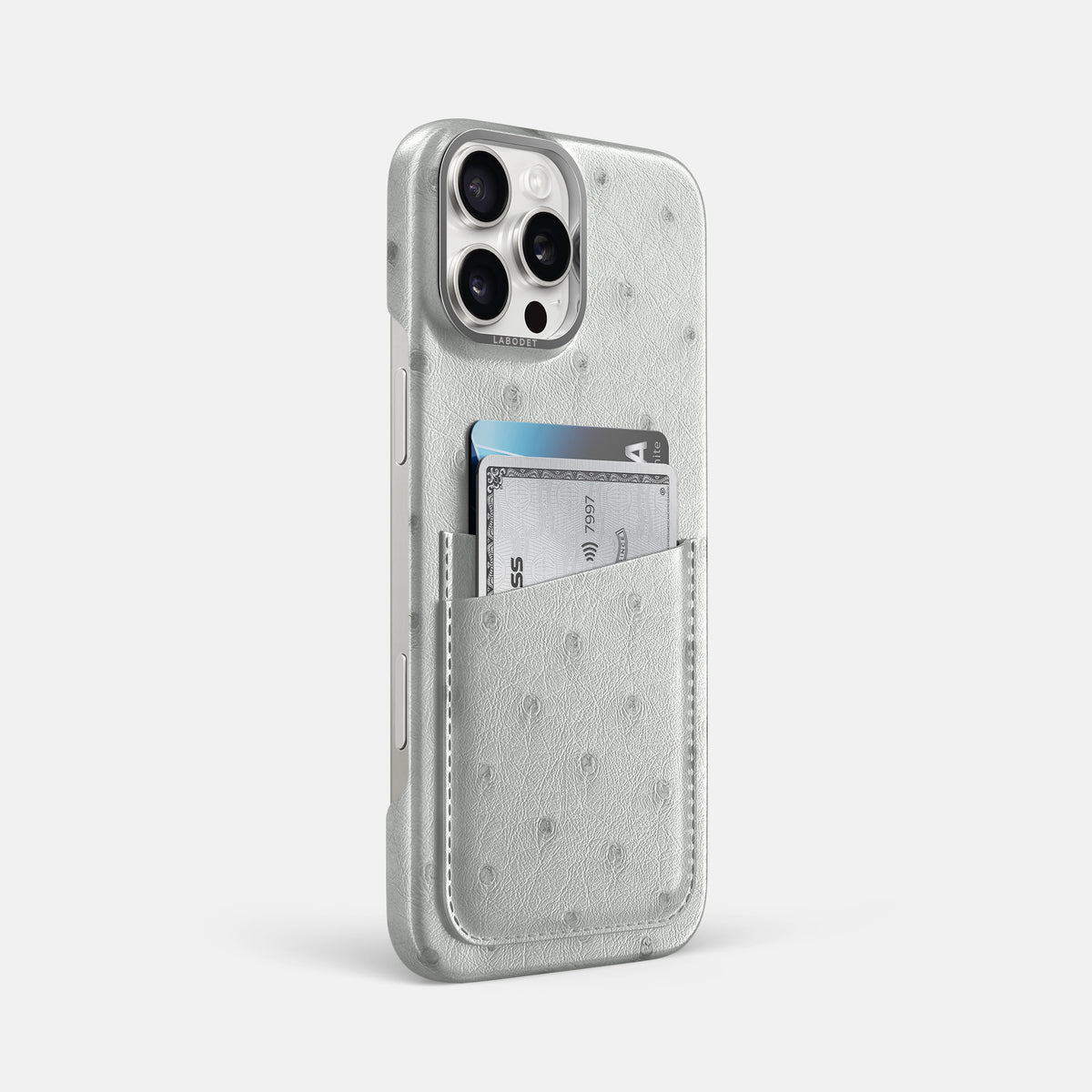 White iPhone 16 Pro Max Card Case Ostrich with Steel Metal -2 | White-Steel