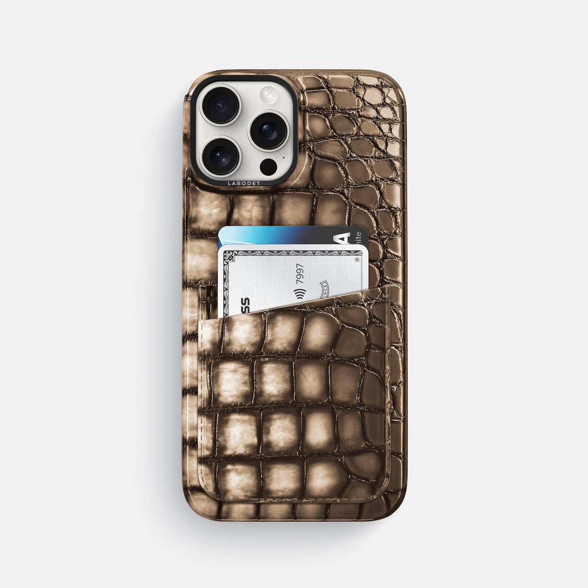 Etoupe iPhone 16 Pro Max Double Card Case Patina Alligator with Black Metal -1 | Etoupe-Black