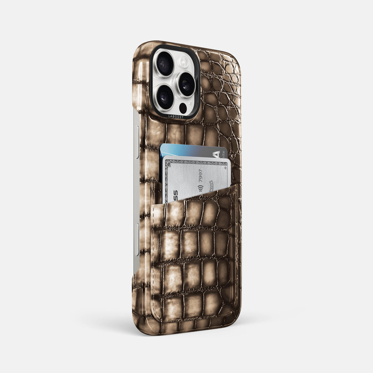 Etoupe iPhone 16 Pro Max Double Card Case Patina Alligator with Black Metal -2 | Etoupe-Black