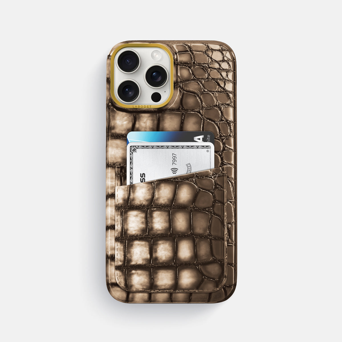 Etoupe iPhone 16 Pro Max Card Case Patina Alligator with Gold Metal -1 | Etoupe-Gold
