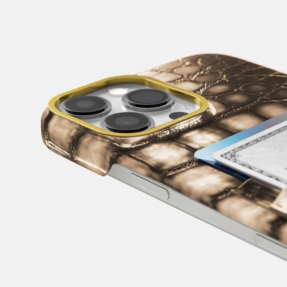 Etoupe iPhone 16 Pro Max Card Case Patina Alligator with Gold Metal -5 | Etoupe-Gold