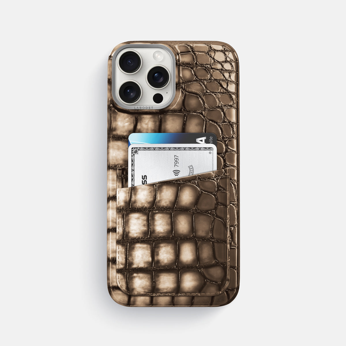 Etoupe iPhone 16 Pro Max Double Card Case Patina Alligator with Steel Metal -1 | Etoupe-Steel