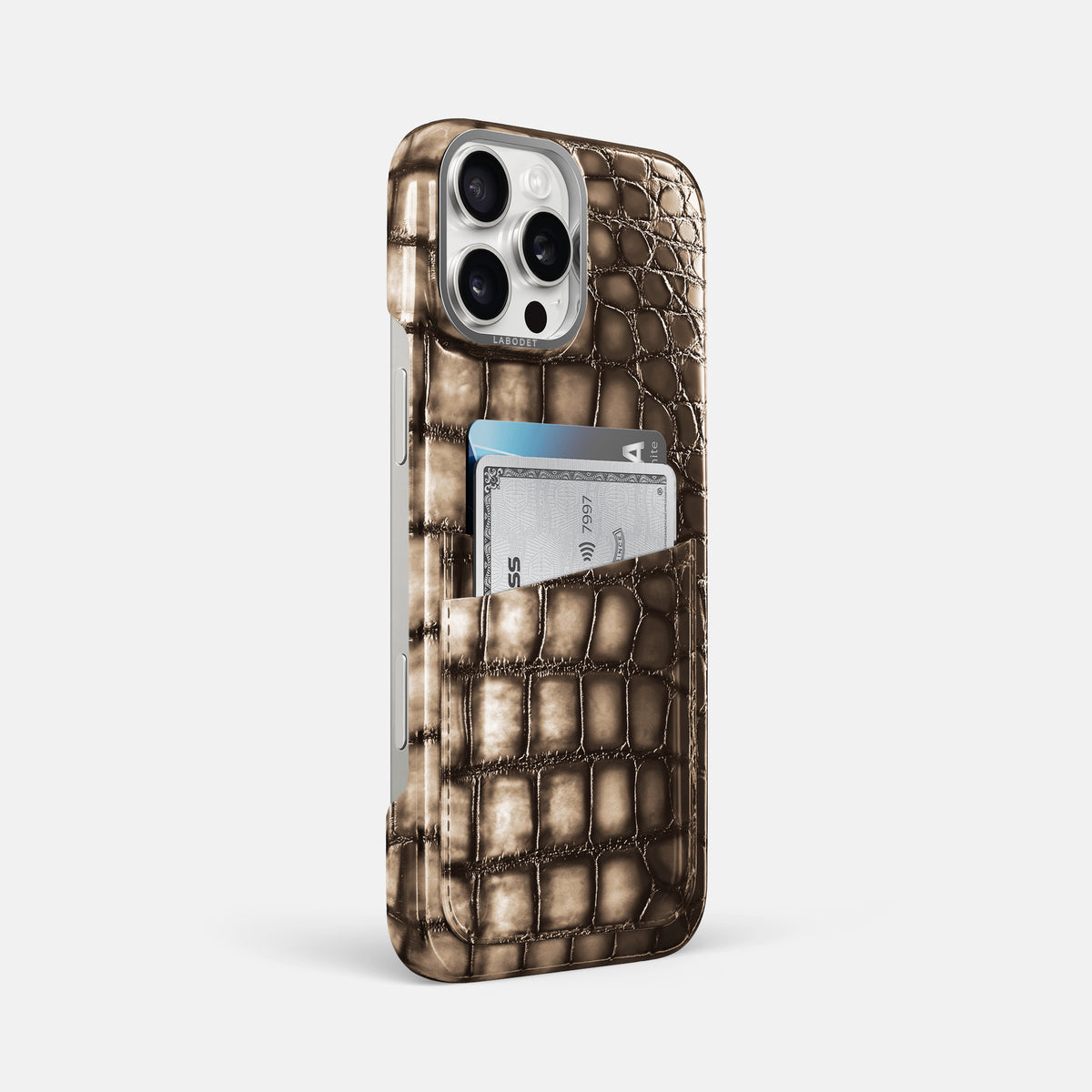 Etoupe iPhone 16 Pro Max Double Card Case Patina Alligator with Steel Metal -2 | Etoupe-Steel
