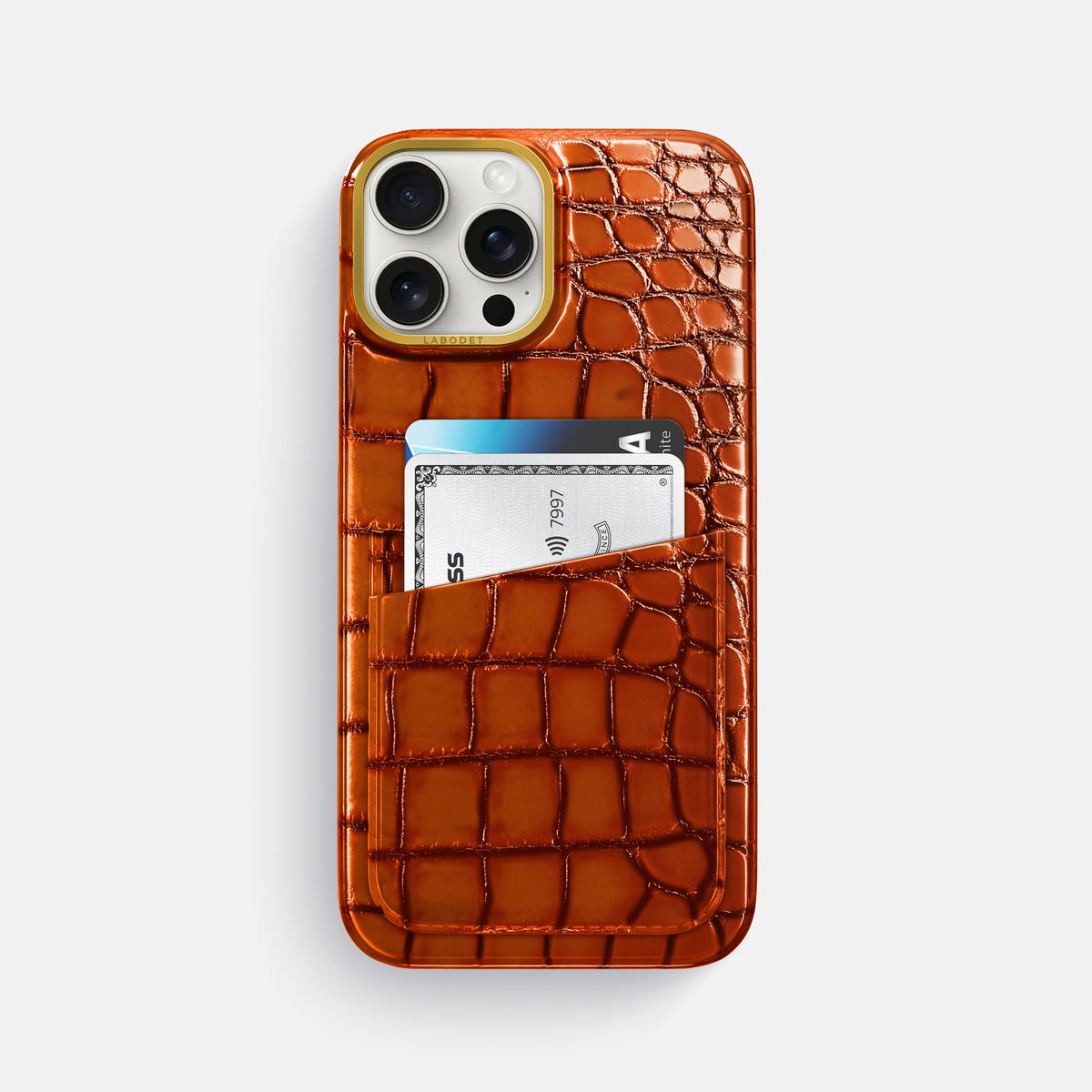 Clay-Court iPhone 16 Pro Max Card Case Patina Alligator with Gold Metal -1 | Clay-Court-Gold