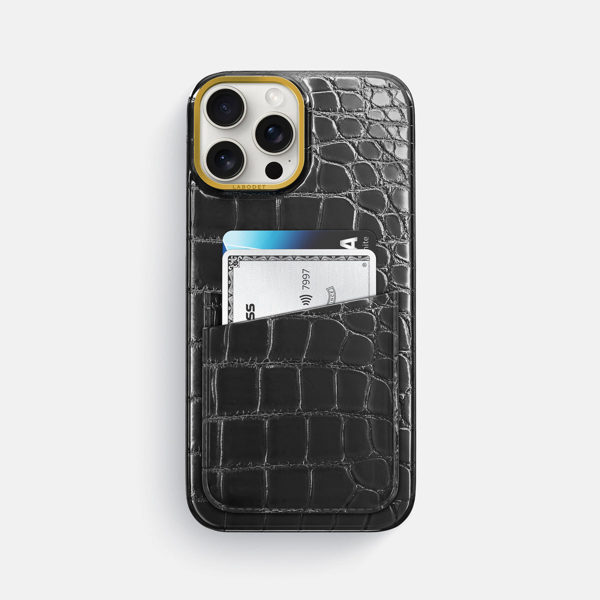Havana-Black iPhone 16 Pro Max Card Case Patina Alligator with Gold Metal -1 | Havana-Black-Gold