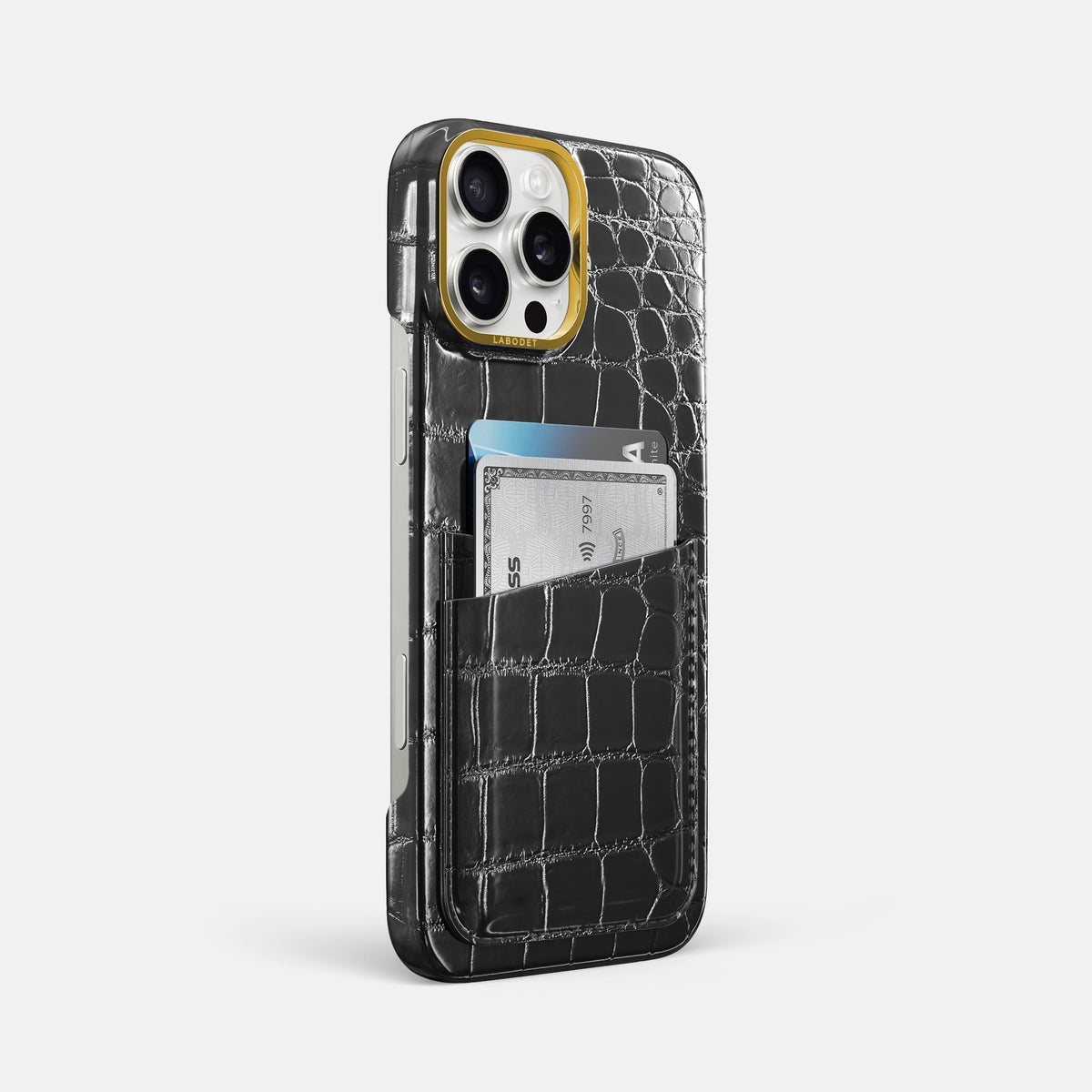 Havana-Black iPhone 16 Pro Max Card Case Patina Alligator with Gold Metal -2 | Havana-Black-Gold