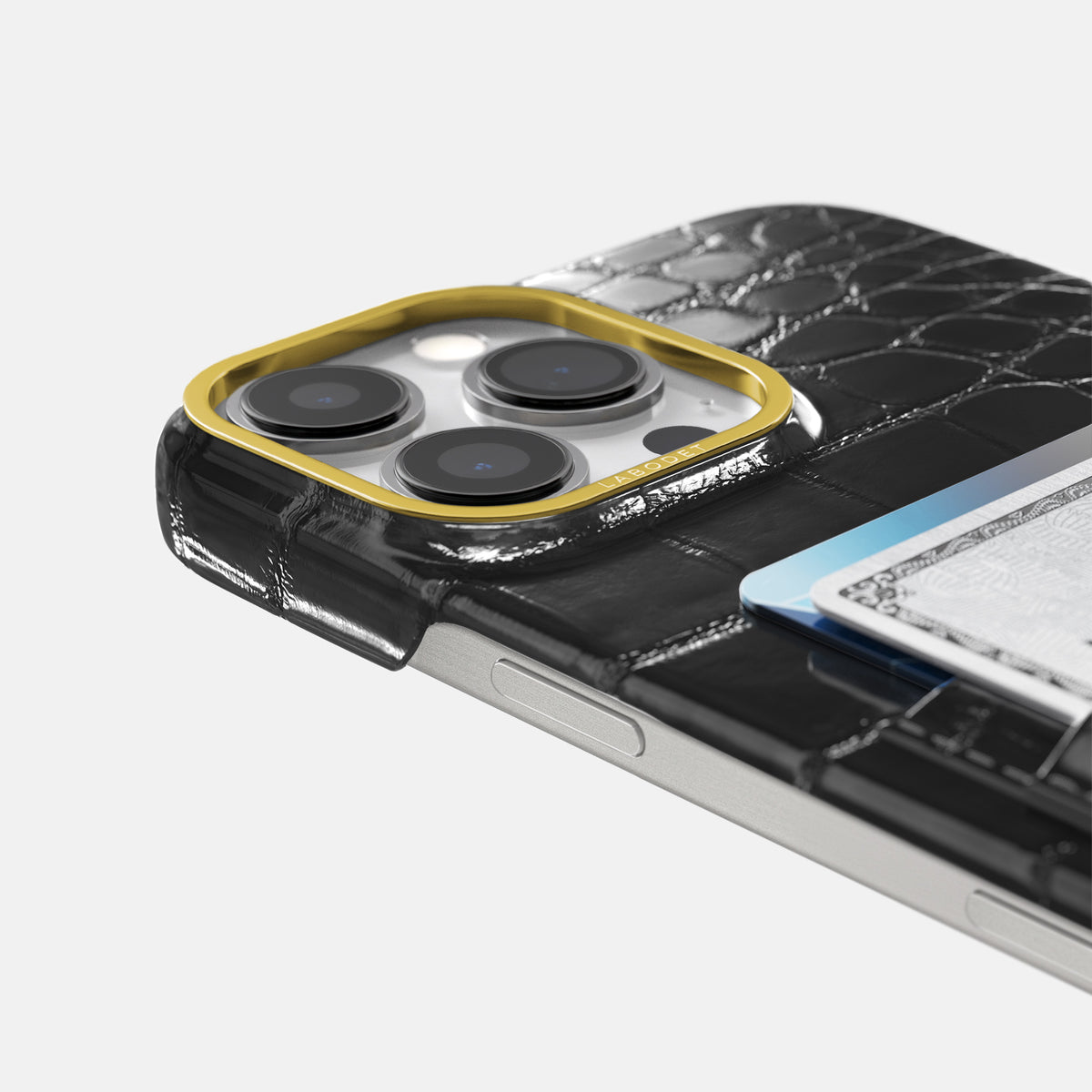 Havana-Black iPhone 16 Pro Max Card Case Patina Alligator with Gold Metal -5 | Havana-Black-Gold