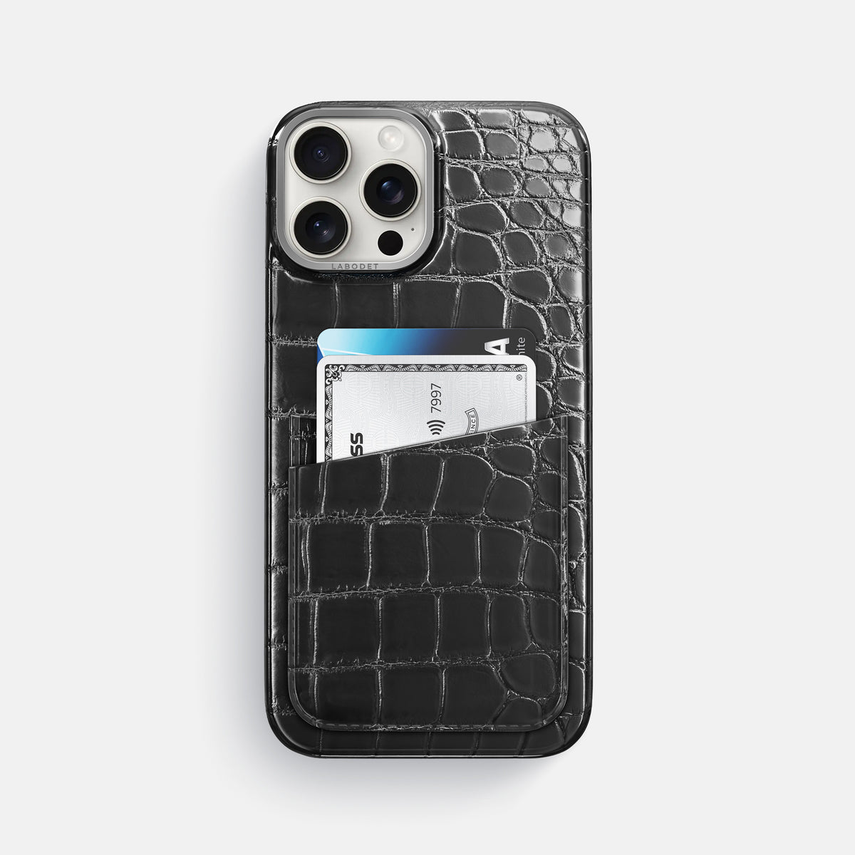 Havana-Black iPhone 16 Pro Max Double Card Case Patina Alligator with Steel Metal -1 | Havana-Black-Steel