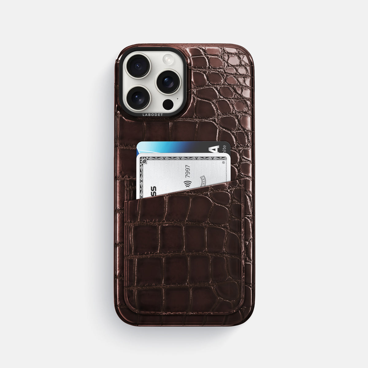 Grape-Wine iPhone 16 Pro Max Double Card Case Patina Alligator with Black Metal -1 | Grape-Wine-Black
