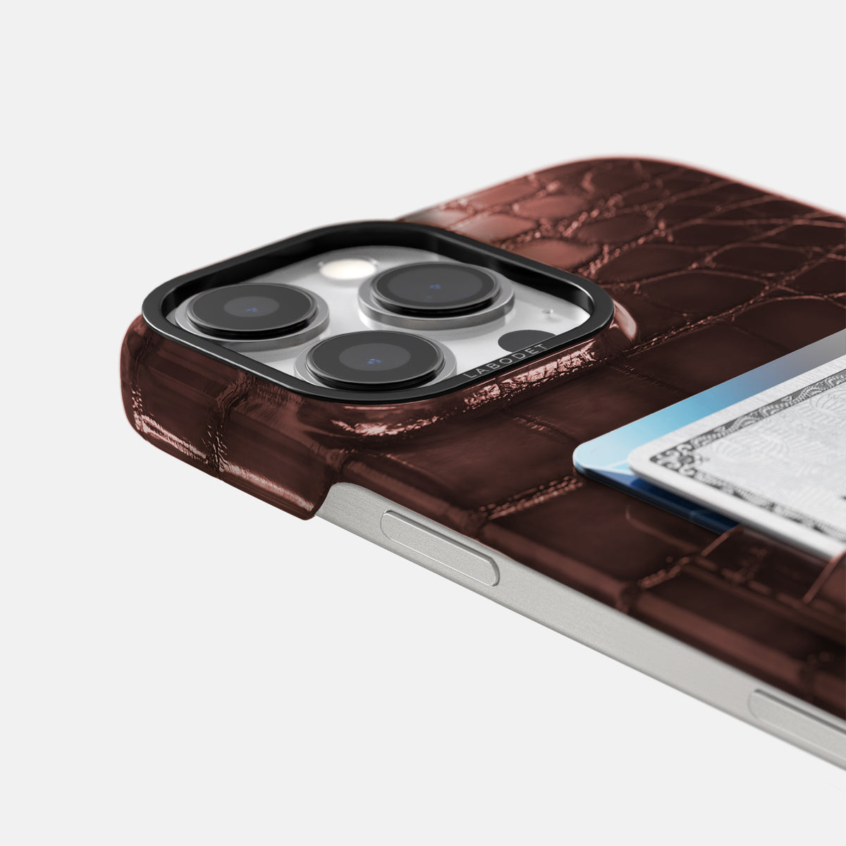 Grape-Wine iPhone 16 Pro Max Double Card Case Patina Alligator with Black Metal -5 | Grape-Wine-Black