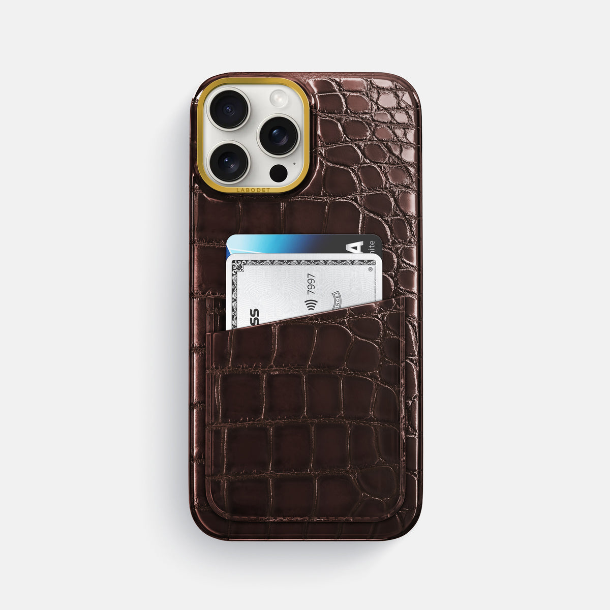 Grape-Wine iPhone 16 Pro Max Card Case Patina Alligator with Gold Metal -1 | Grape-Wine-Gold