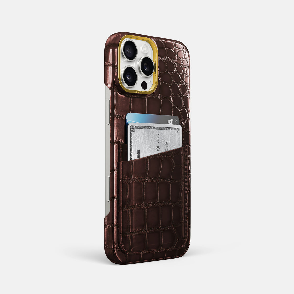 Grape-Wine iPhone 16 Pro Max Card Case Patina Alligator with Gold Metal -2 | Grape-Wine-Gold