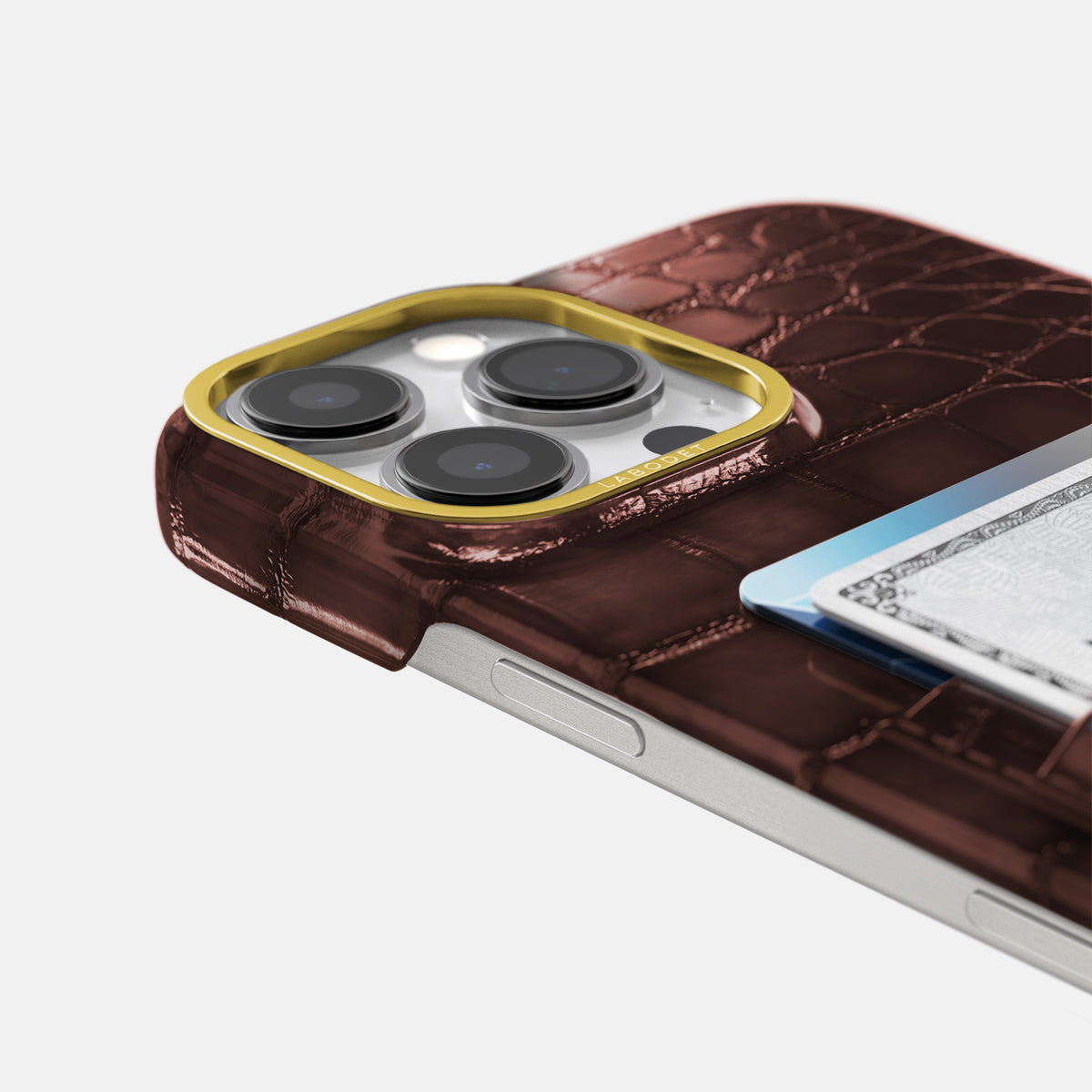Grape-Wine iPhone 16 Pro Max Card Case Patina Alligator with Gold Metal -5 | Grape-Wine-Gold