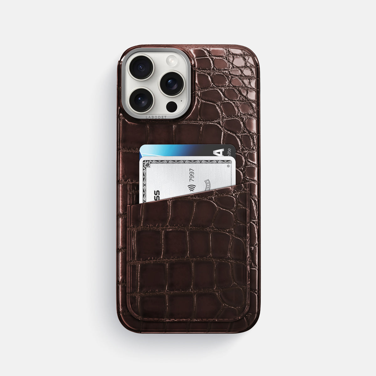 Grape-Wine iPhone 16 Pro Max Double Card Case Patina Alligator with Steel Metal -1 | Grape-Wine-Steel