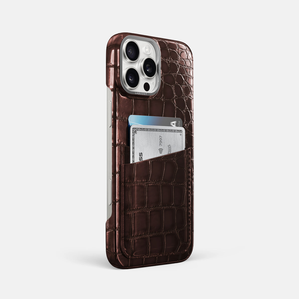 Grape-Wine iPhone 16 Pro Max Double Card Case Patina Alligator with Steel Metal -2 | Grape-Wine-Steel
