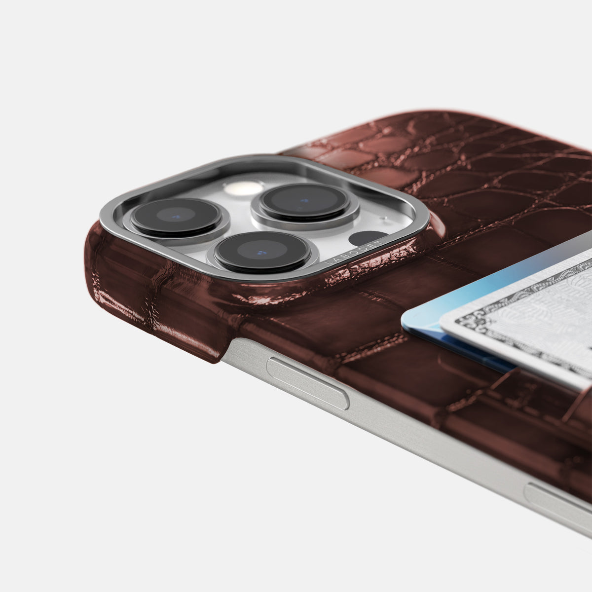 Grape-Wine iPhone 16 Pro Max Double Card Case Patina Alligator with Steel Metal -5 | Grape-Wine-Steel