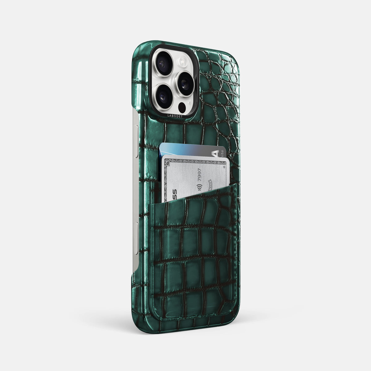 Green iPhone 16 Pro Max Double Card Case Patina Alligator with Black Metal -2 | Green-Black