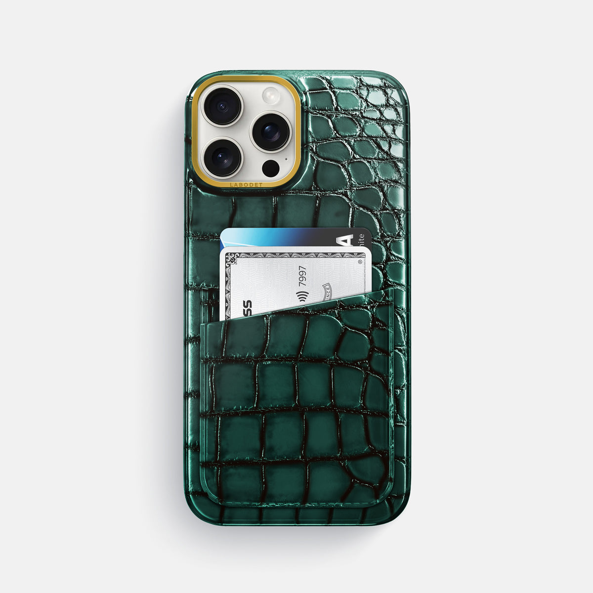 Green iPhone 16 Pro Max Card Case Patina Alligator with Gold Metal -1 | Green-Gold