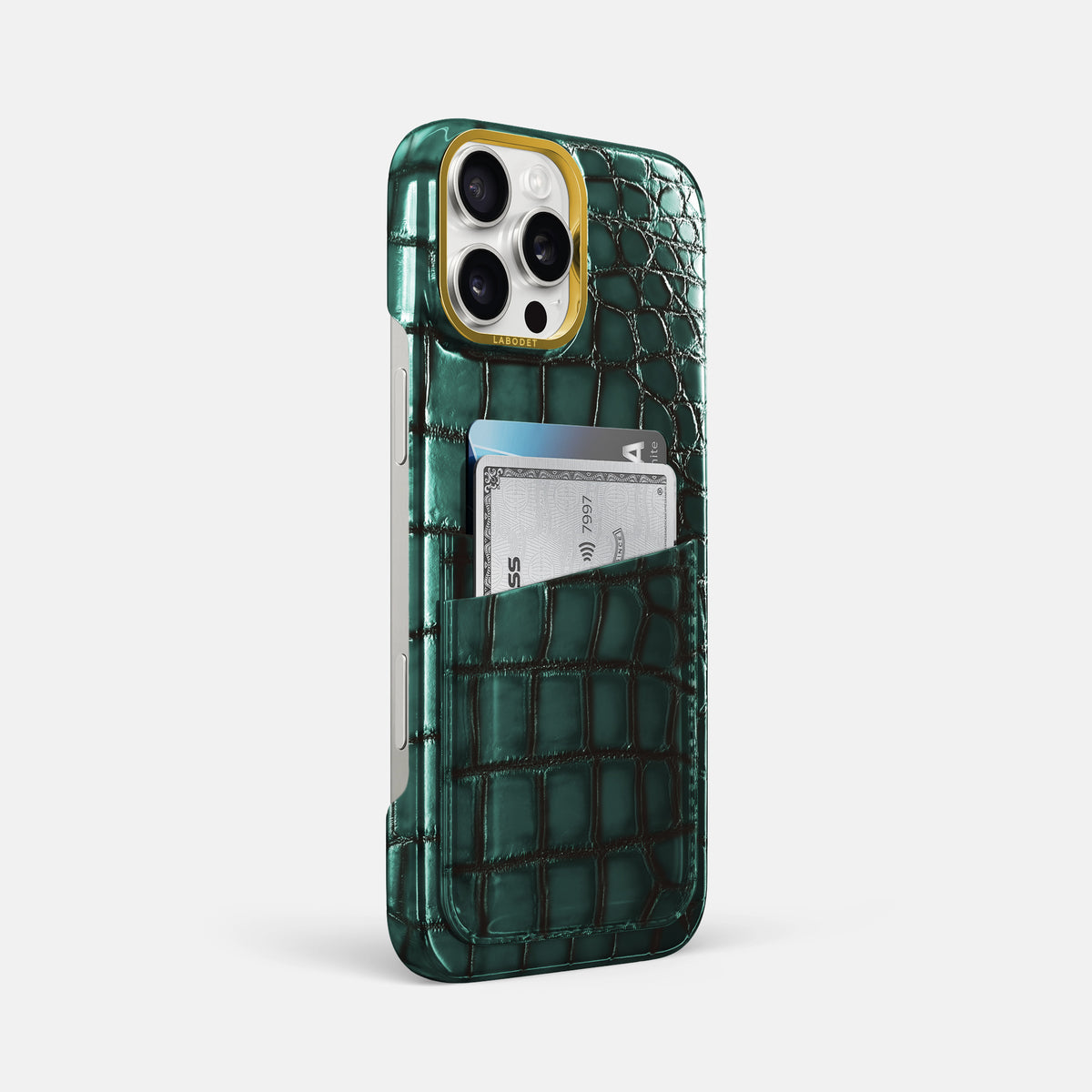 Green iPhone 16 Pro Max Card Case Patina Alligator with Gold Metal -2 | Green-Gold