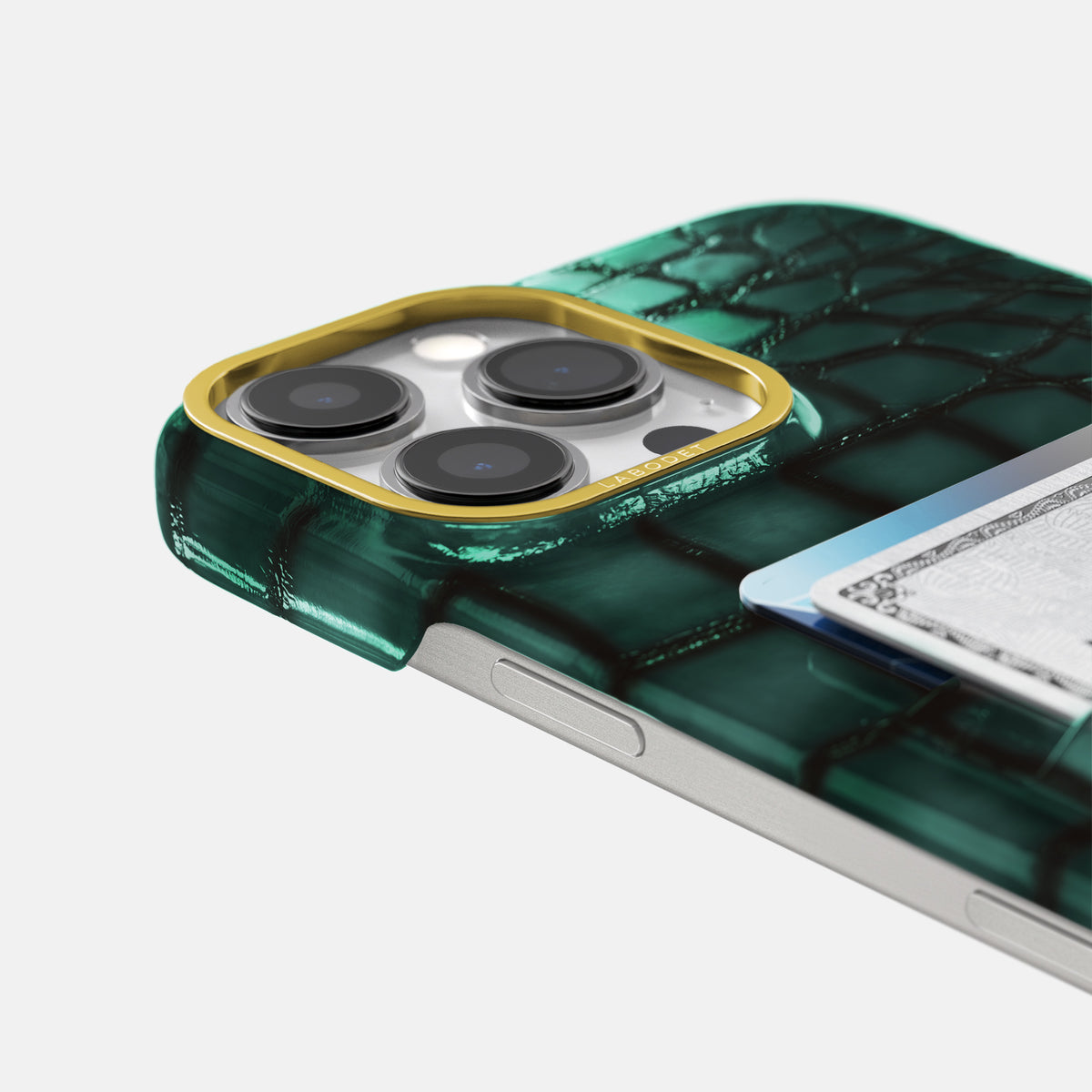 Green iPhone 16 Pro Max Card Case Patina Alligator with Gold Metal -5 | Green-Gold