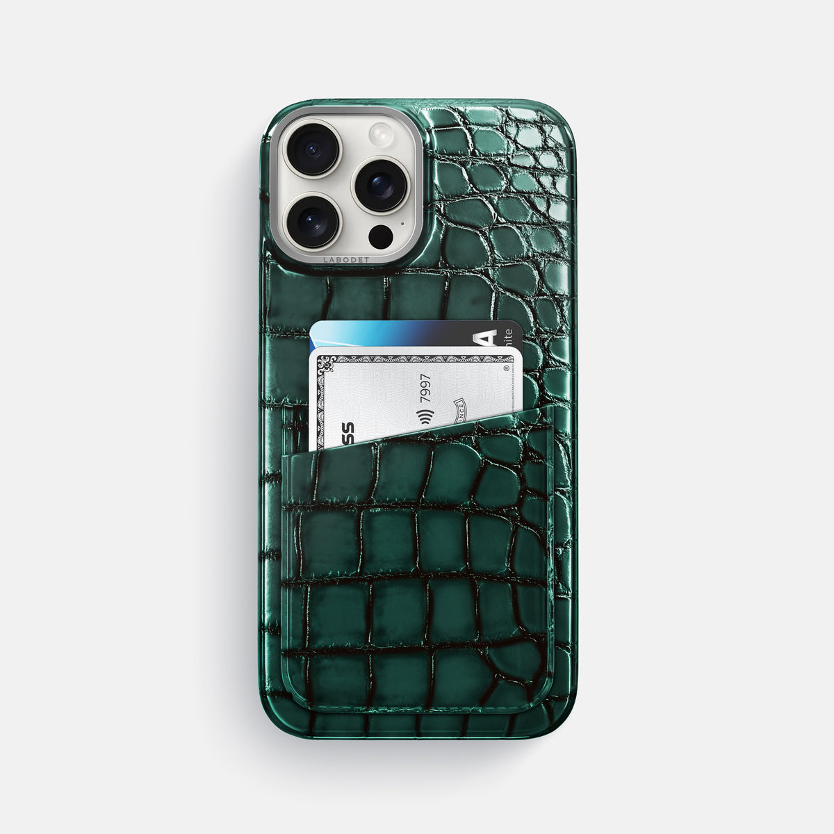 Green iPhone 16 Pro Max Double Card Case Patina Alligator with Steel Metal -1 | Green-Steel