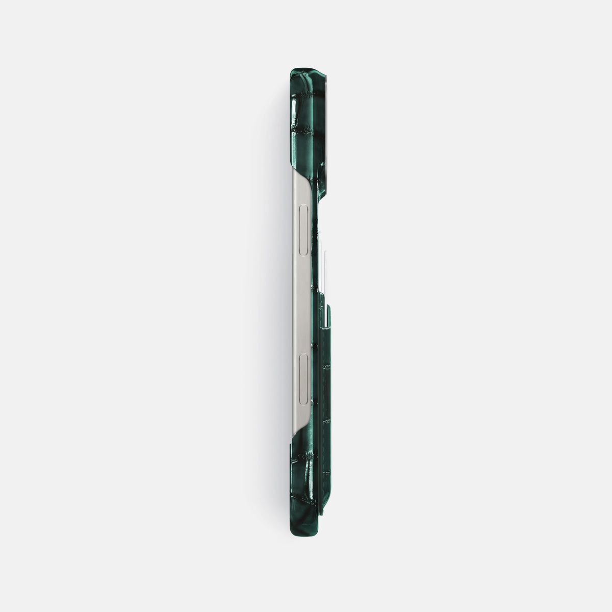 Green iPhone 16 Pro Max Double Card Case Patina Alligator with Steel Metal -3 | Green-Steel