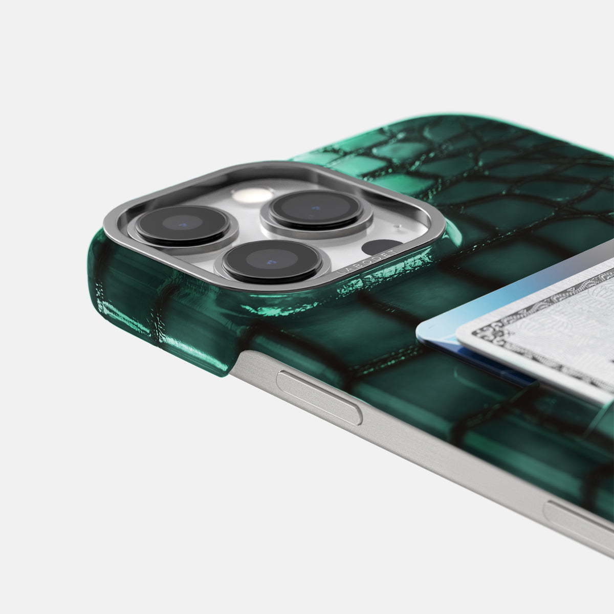 Green iPhone 16 Pro Max Double Card Case Patina Alligator with Steel Metal -5 | Green-Steel