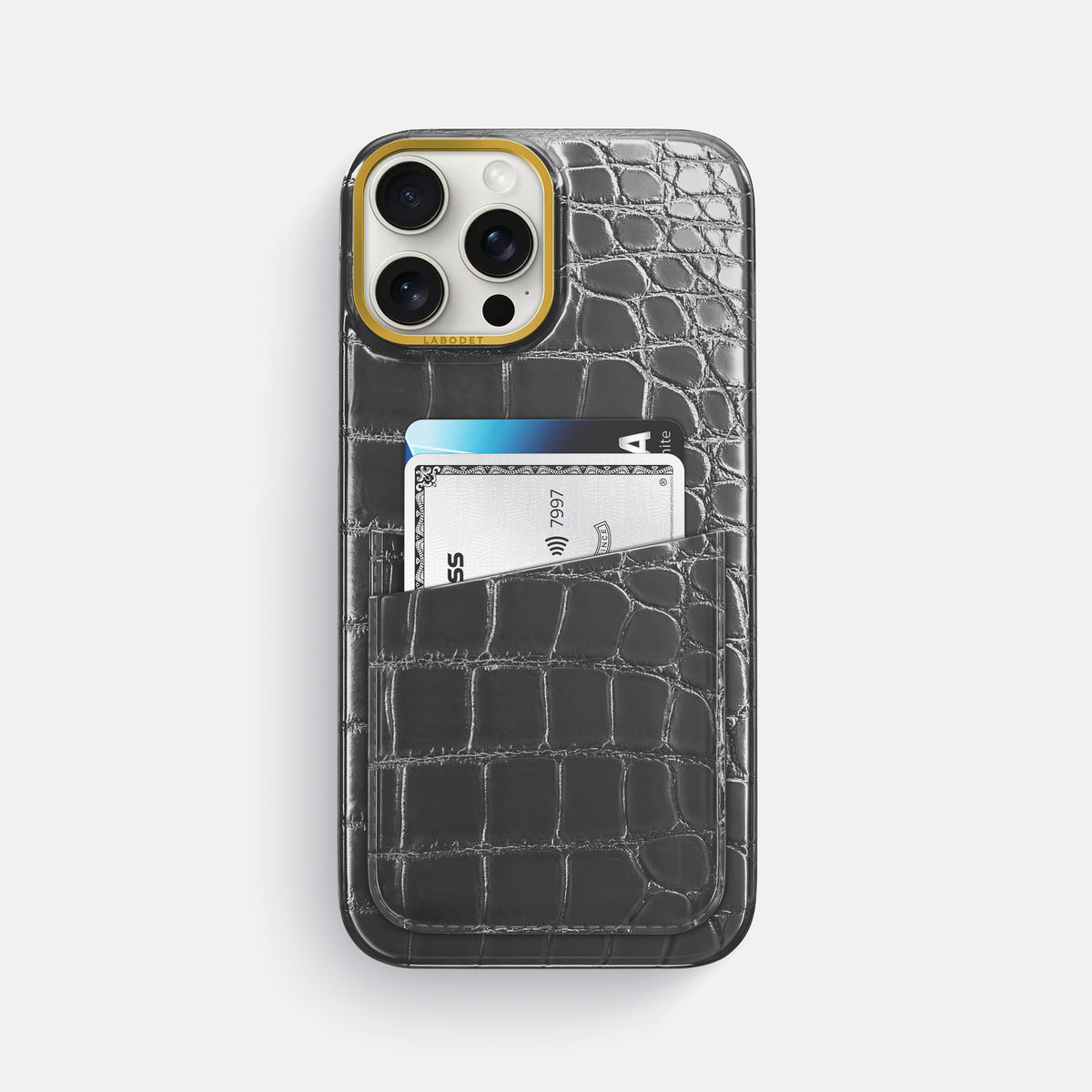 Grey iPhone 16 Pro Max Card Case Patina Alligator with Gold Metal -1 | Grey-Gold
