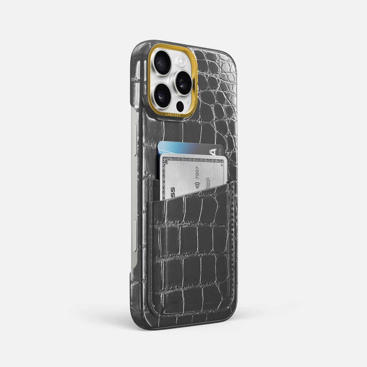 Grey iPhone 16 Pro Max Card Case Patina Alligator with Gold Metal -2 | Grey-Gold