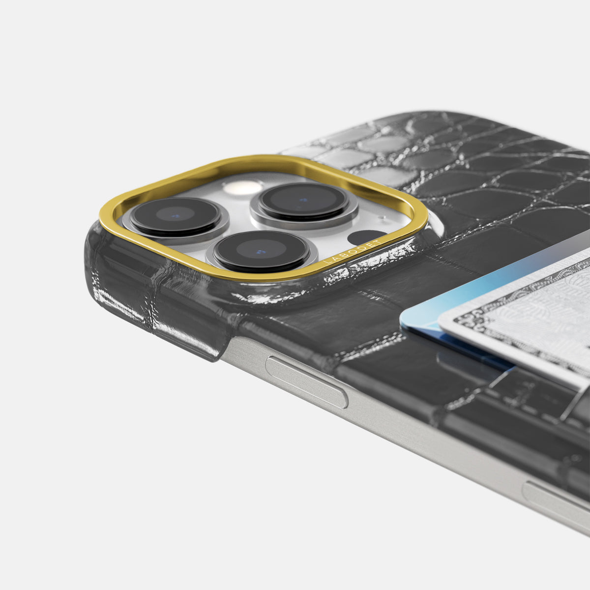 Grey iPhone 16 Pro Max Card Case Patina Alligator with Gold Metal -5 | Grey-Gold