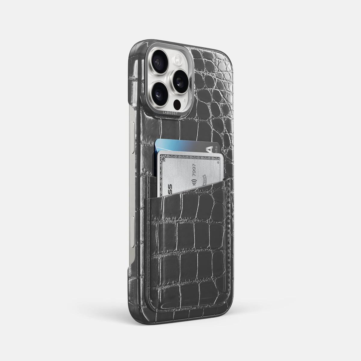 Grey iPhone 16 Pro Max Double Card Case Patina Alligator with Steel Metal -2 | Grey-Steel