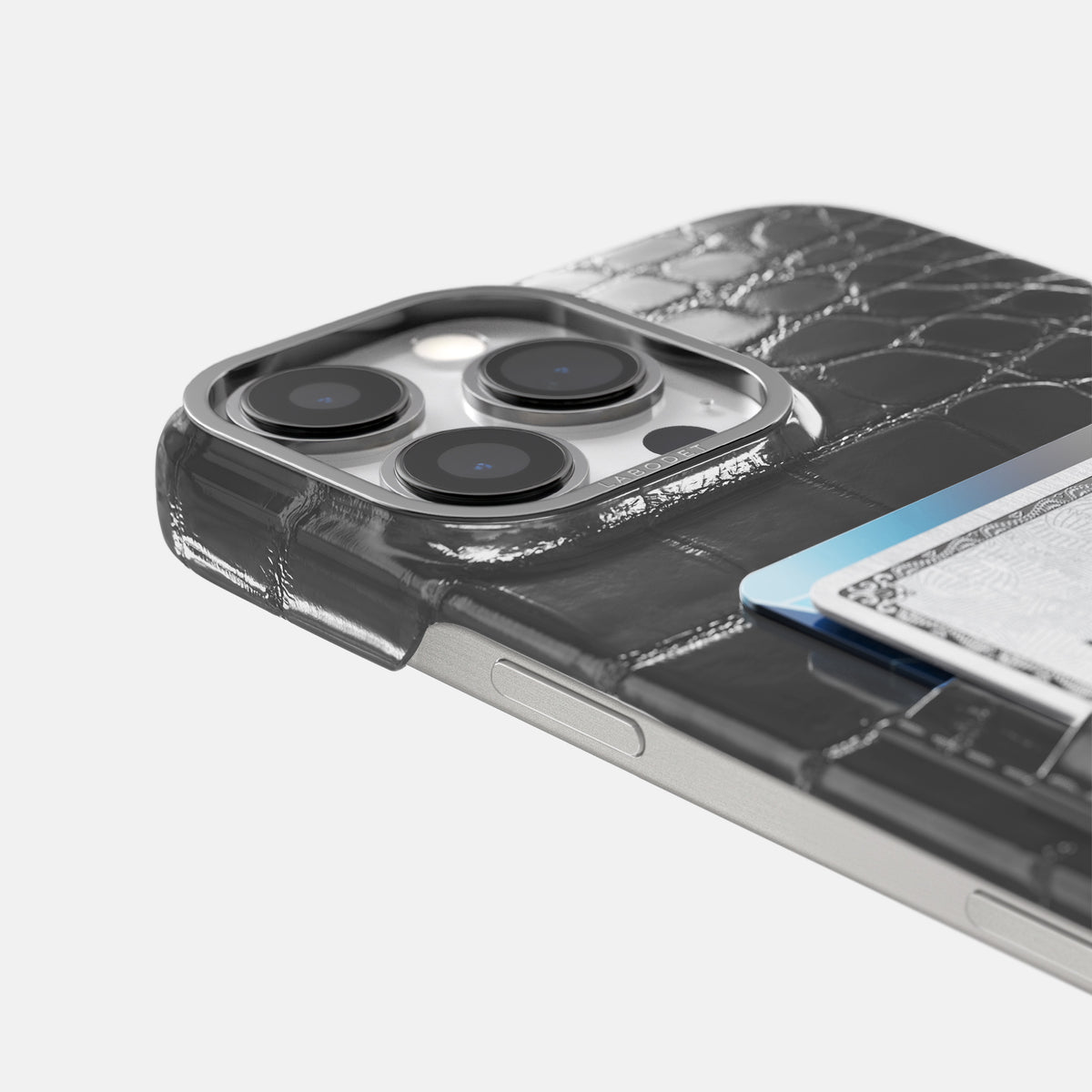 Grey iPhone 16 Pro Max Double Card Case Patina Alligator with Steel Metal -5 | Grey-Steel