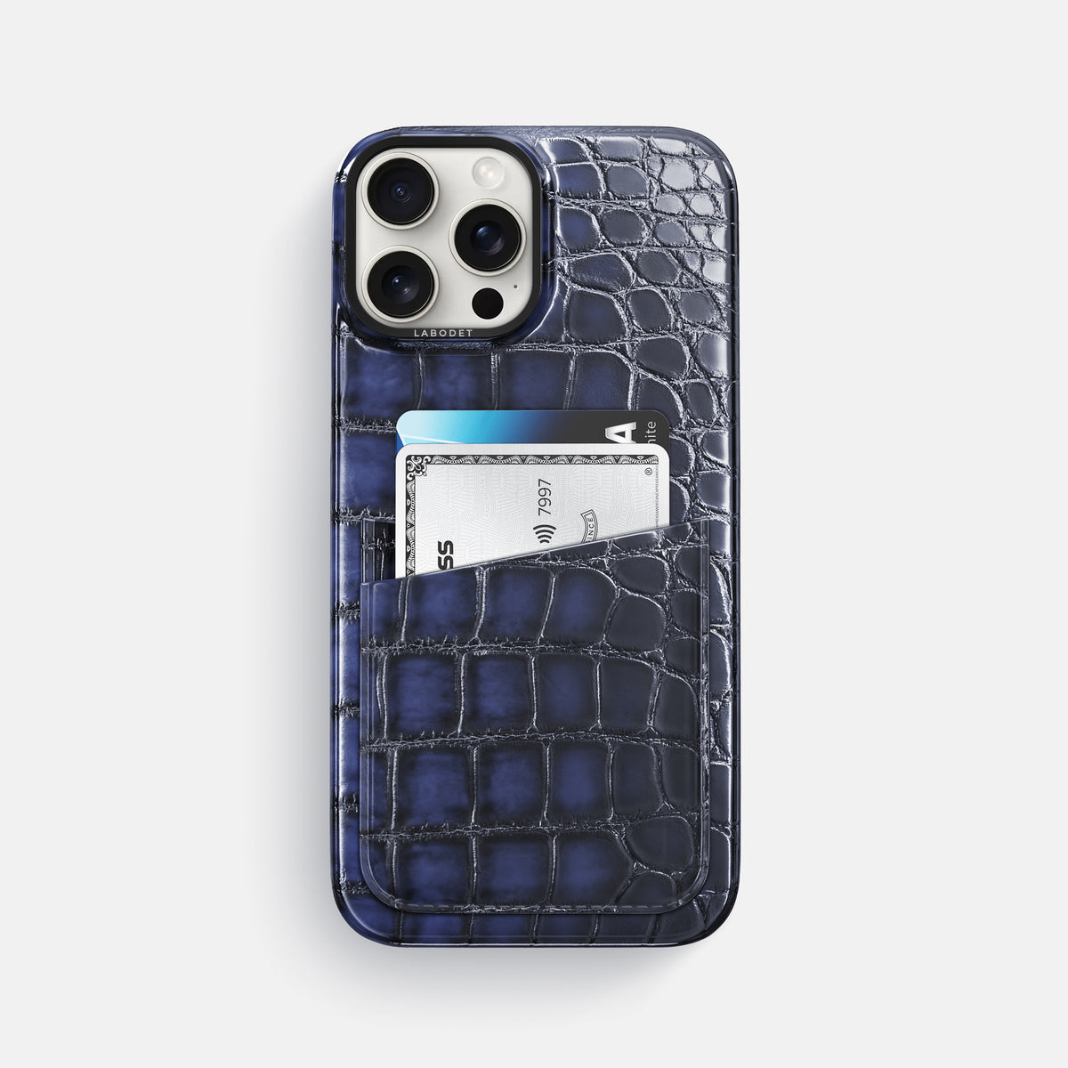 Havana-Blue iPhone 16 Pro Max Double Card Case Patina Alligator with Black Metal -1 | Havana-Blue-Black