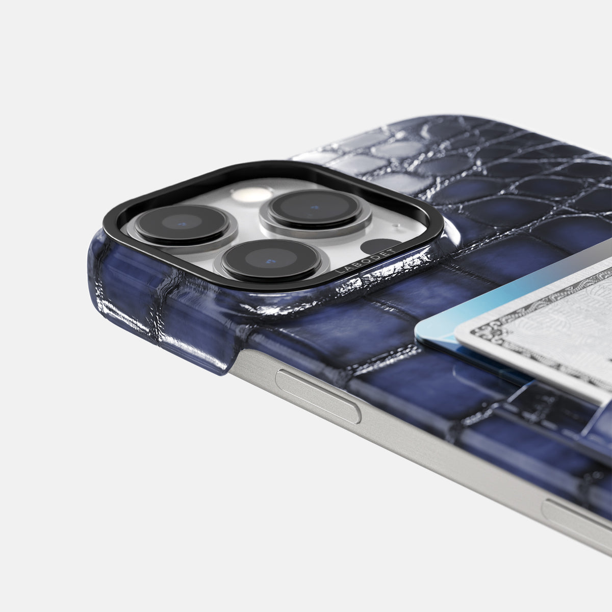 Havana-Blue iPhone 16 Pro Max Double Card Case Patina Alligator with Black Metal -5 | Havana-Blue-Black