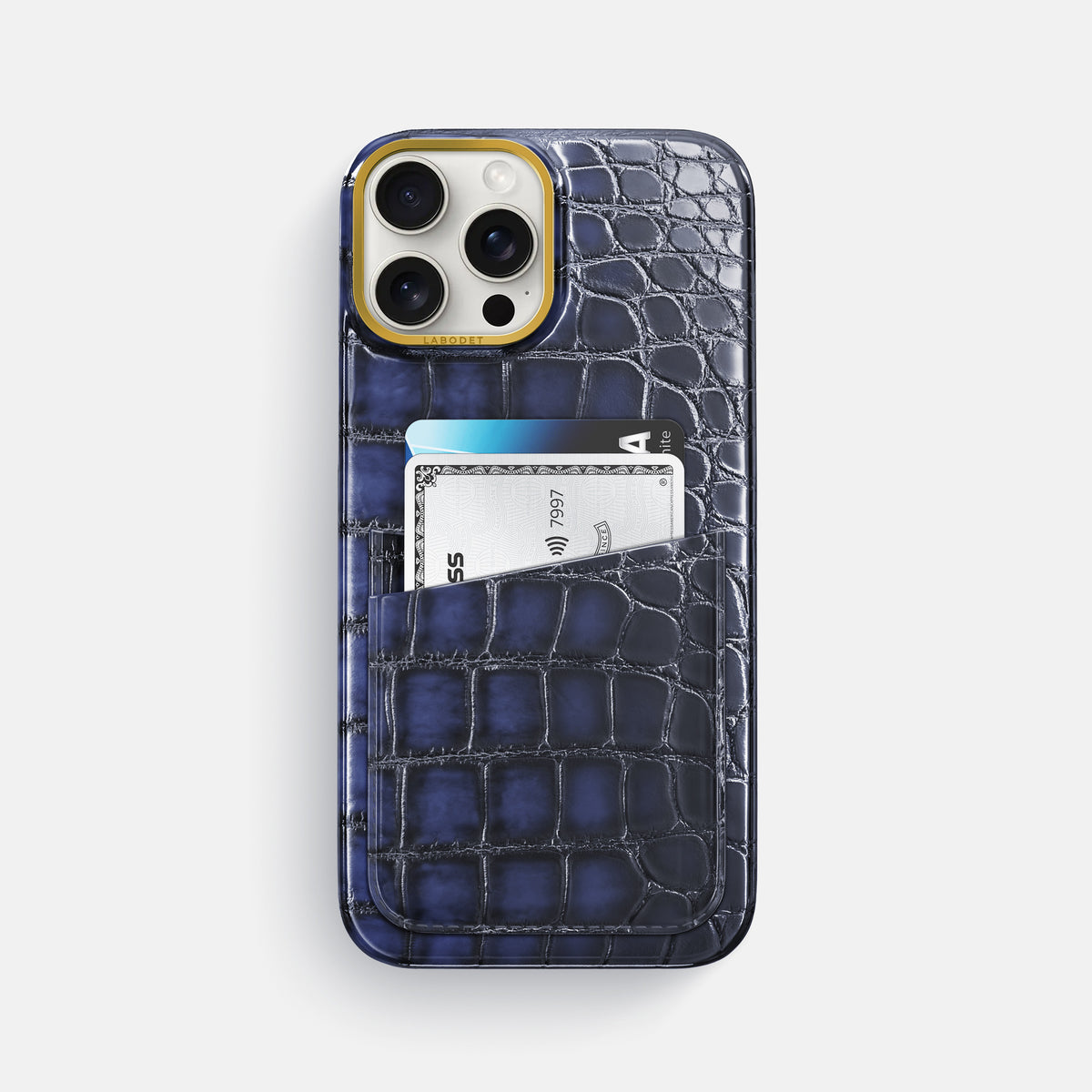 Havana-Blue iPhone 16 Pro Max Card Case Patina Alligator with Gold Metal -1 | Havana-Blue-Gold