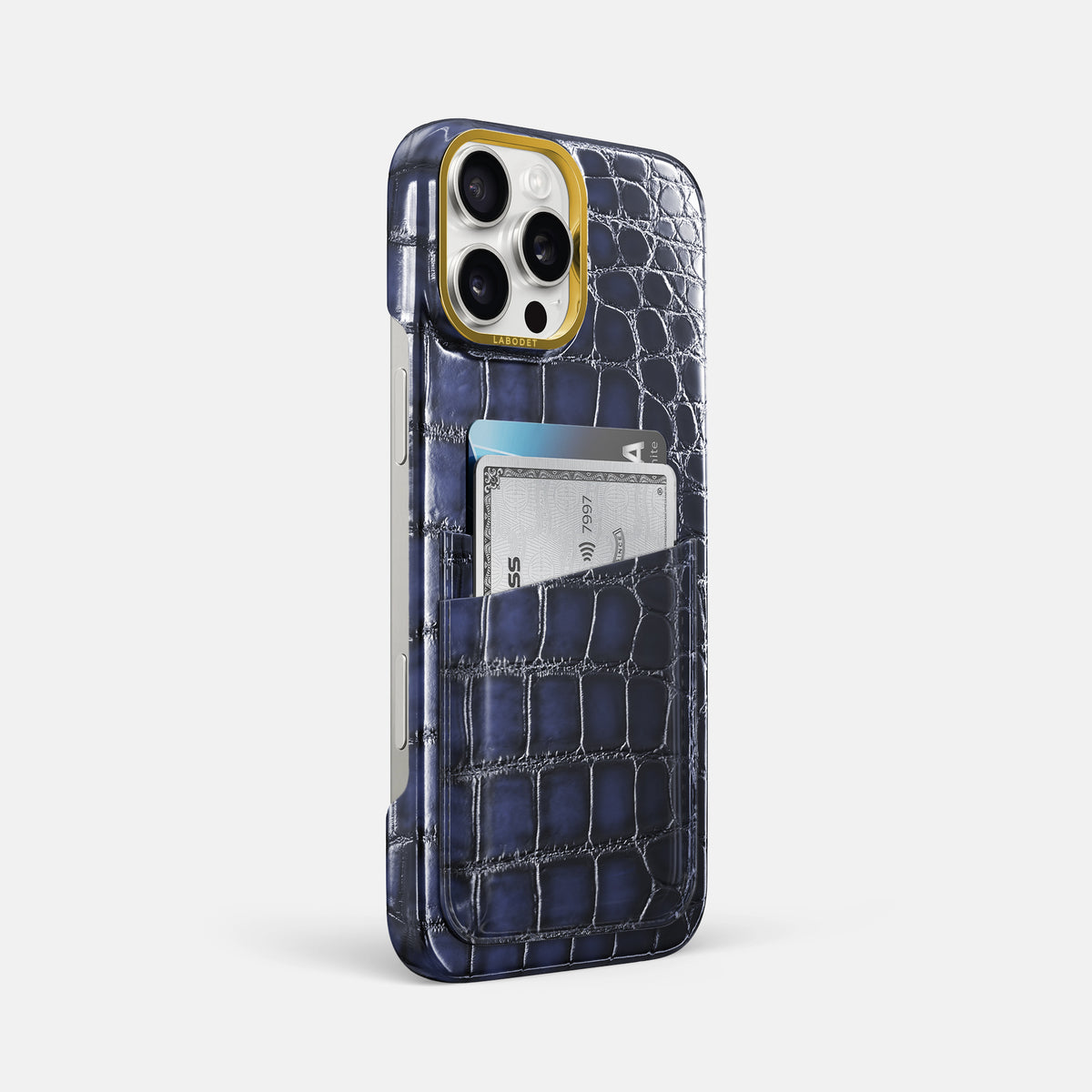 Havana-Blue iPhone 16 Pro Max Card Case Patina Alligator with Gold Metal -2 | Havana-Blue-Gold