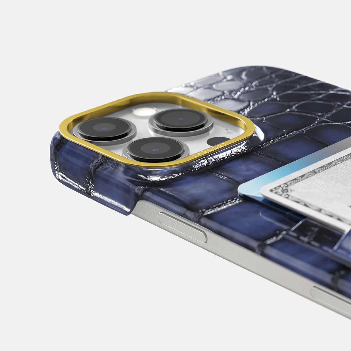 Havana-Blue iPhone 16 Pro Max Card Case Patina Alligator with Gold Metal -5 | Havana-Blue-Gold
